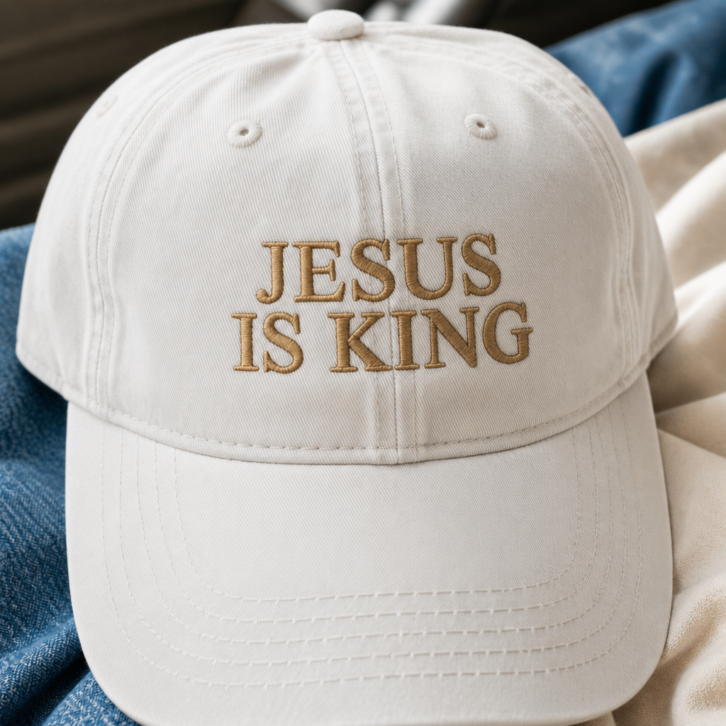 Jesus Is King Dad Hat - embroidery close-up