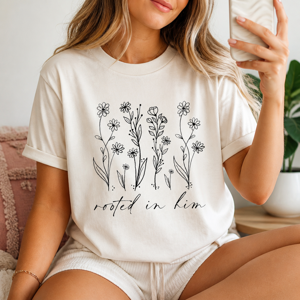 Rooted In Him Tee — sitting pose