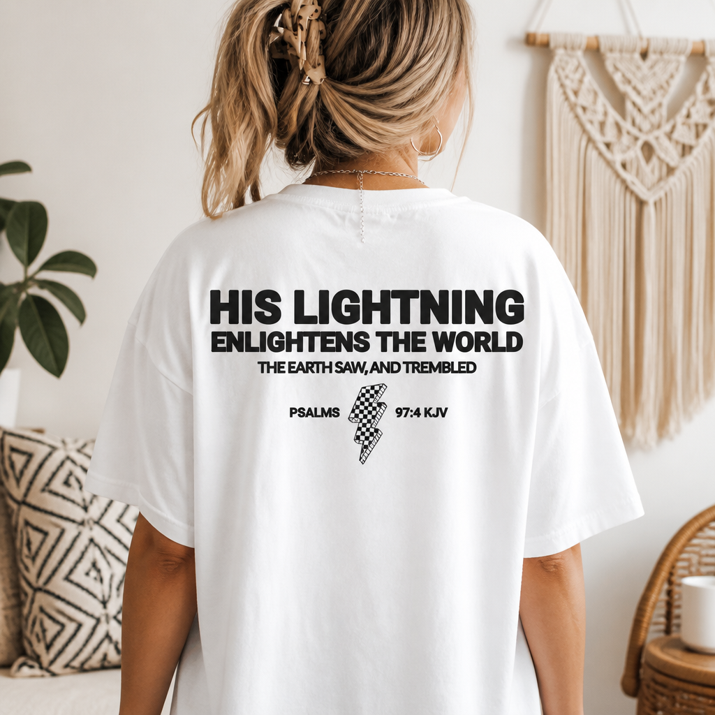 Lightning Bolt Tee back lifestyle image with Psalm 97:4 graphic