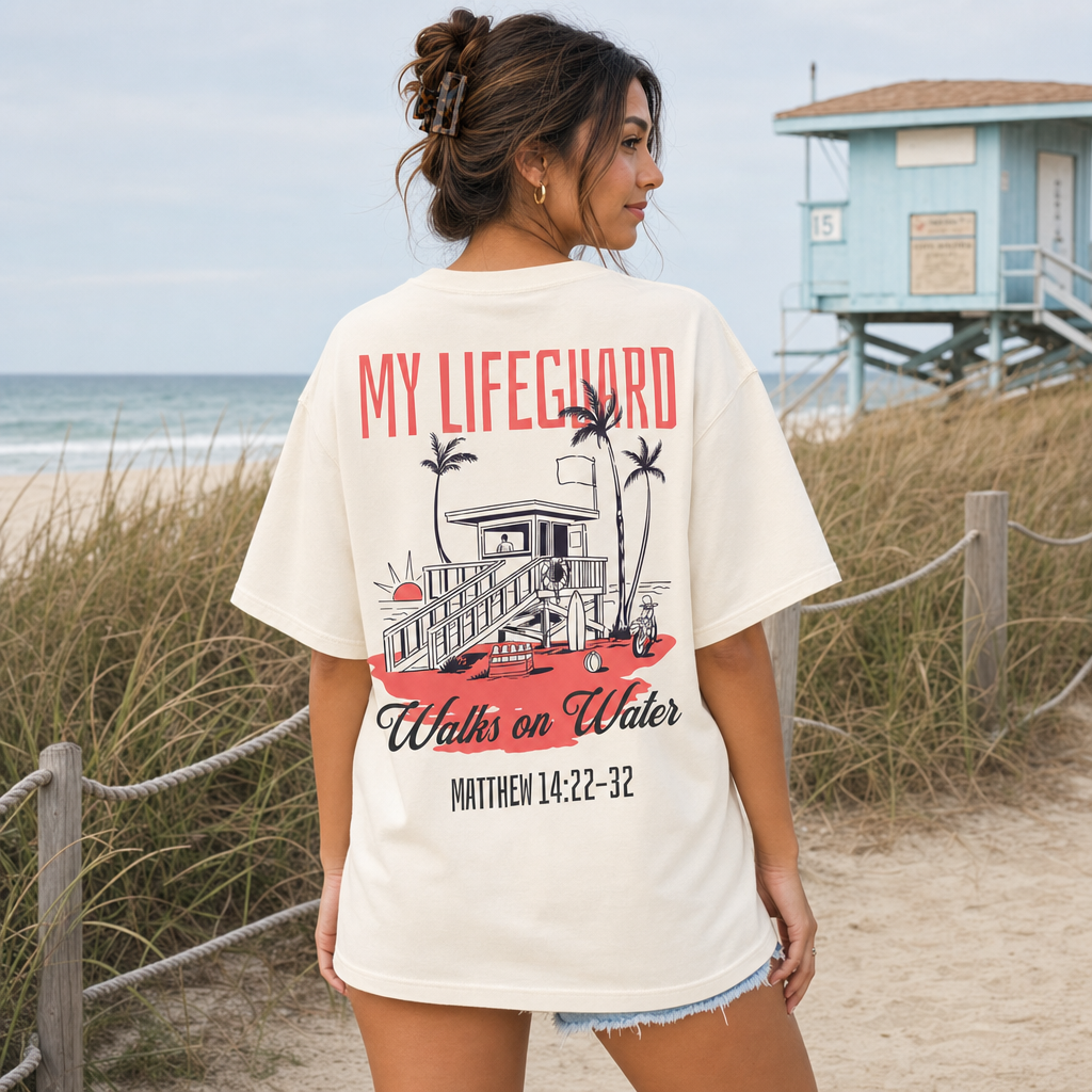 Lifeguard Walks On Water Tee beach back print photo