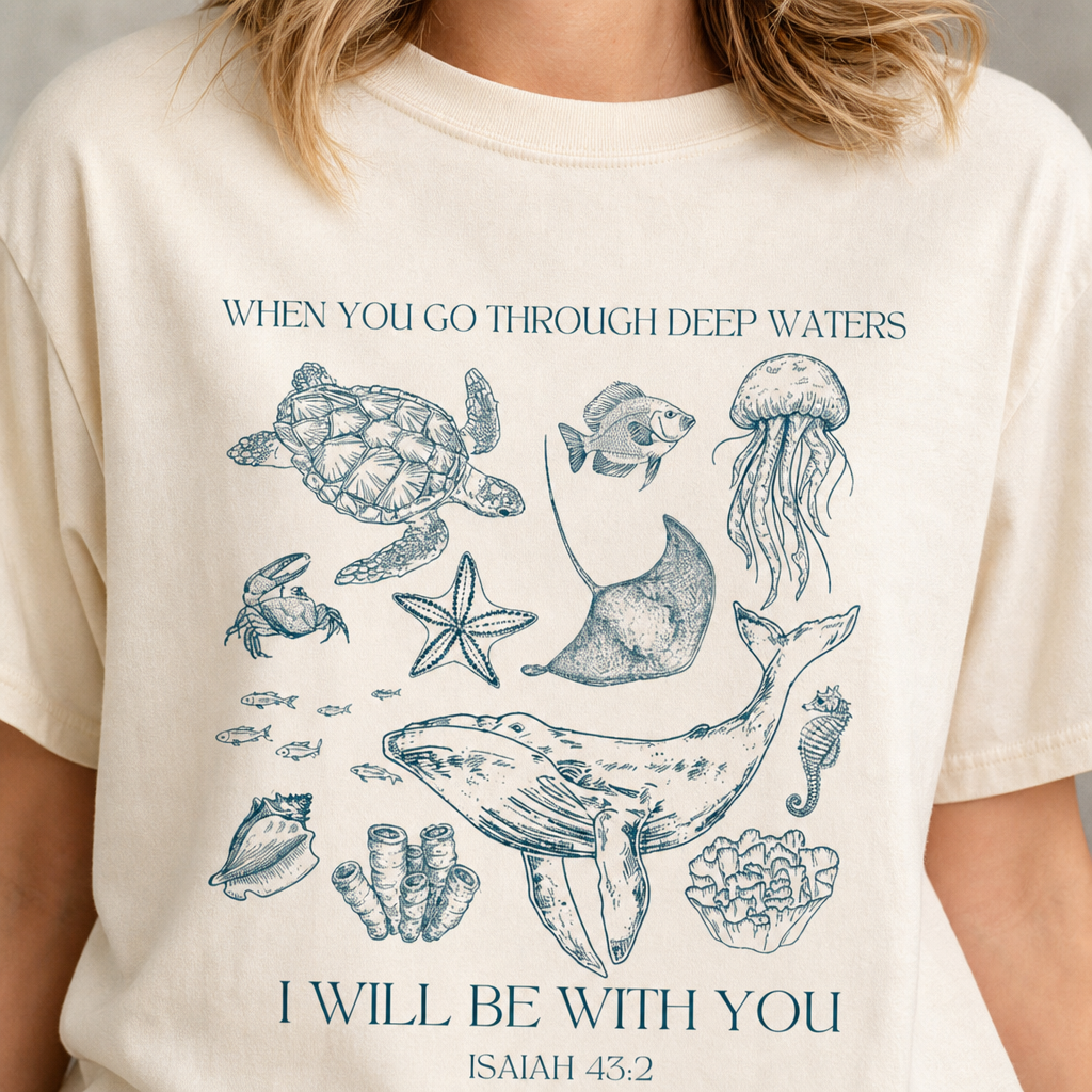 Deep Waters Tee Isaiah 43:2 ocean print close-up detail