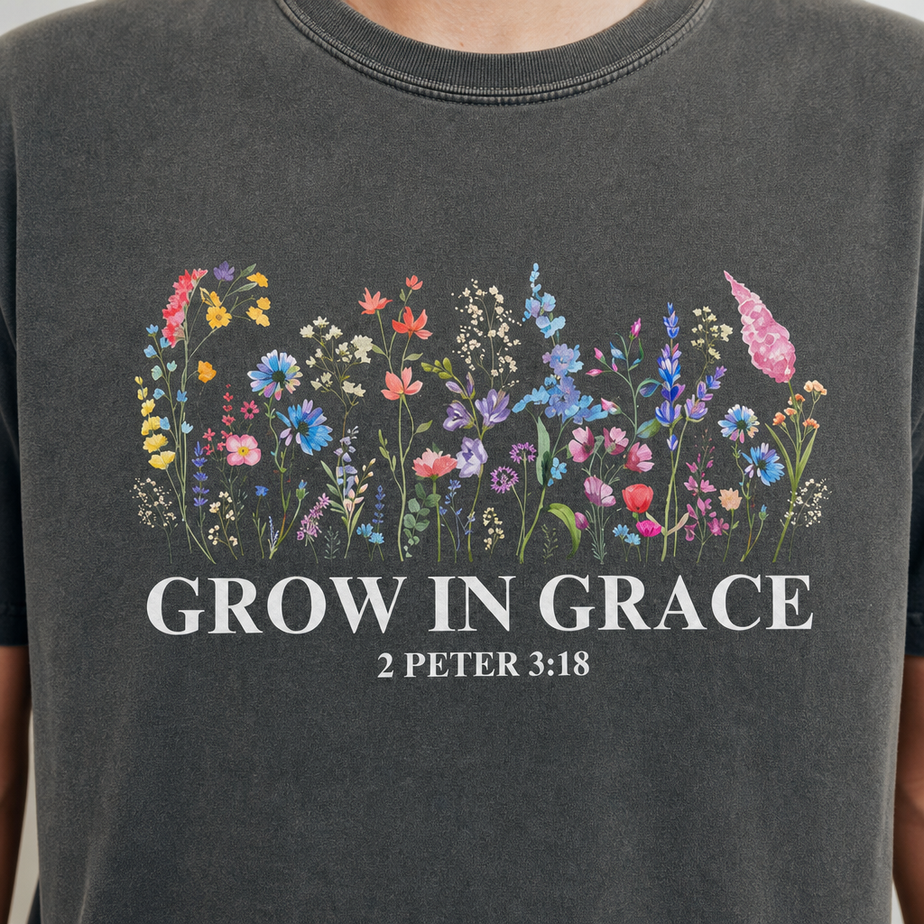 Grow in Grace Tee wildflower 2 Peter 3:18 print close-up detail