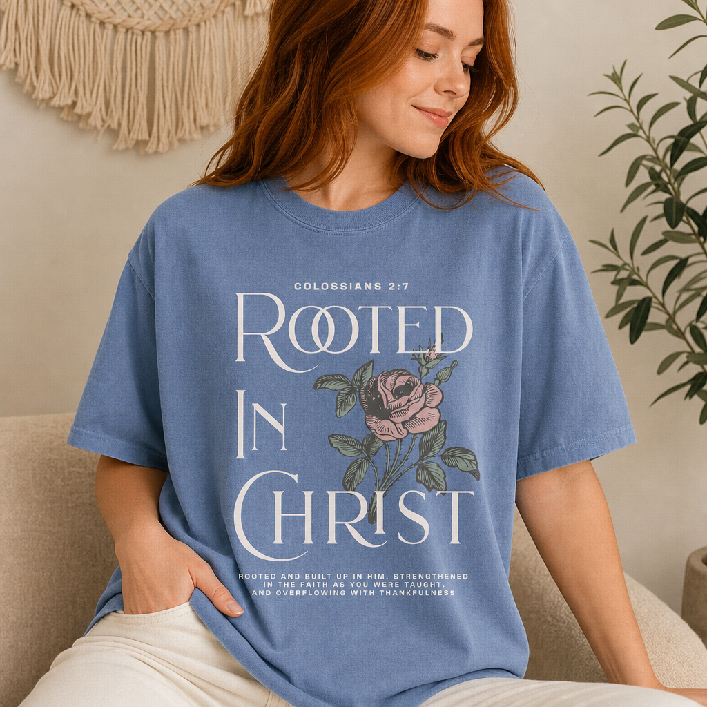 Rooted In Christ Tee front print close-up detail