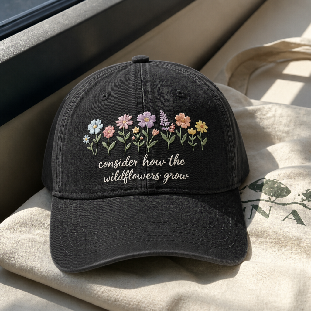 Consider The Wildflowers Hat - Black with white embroidery