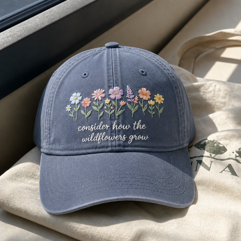 Consider The Wildflowers Hat - Blue Jean with white embroidery
