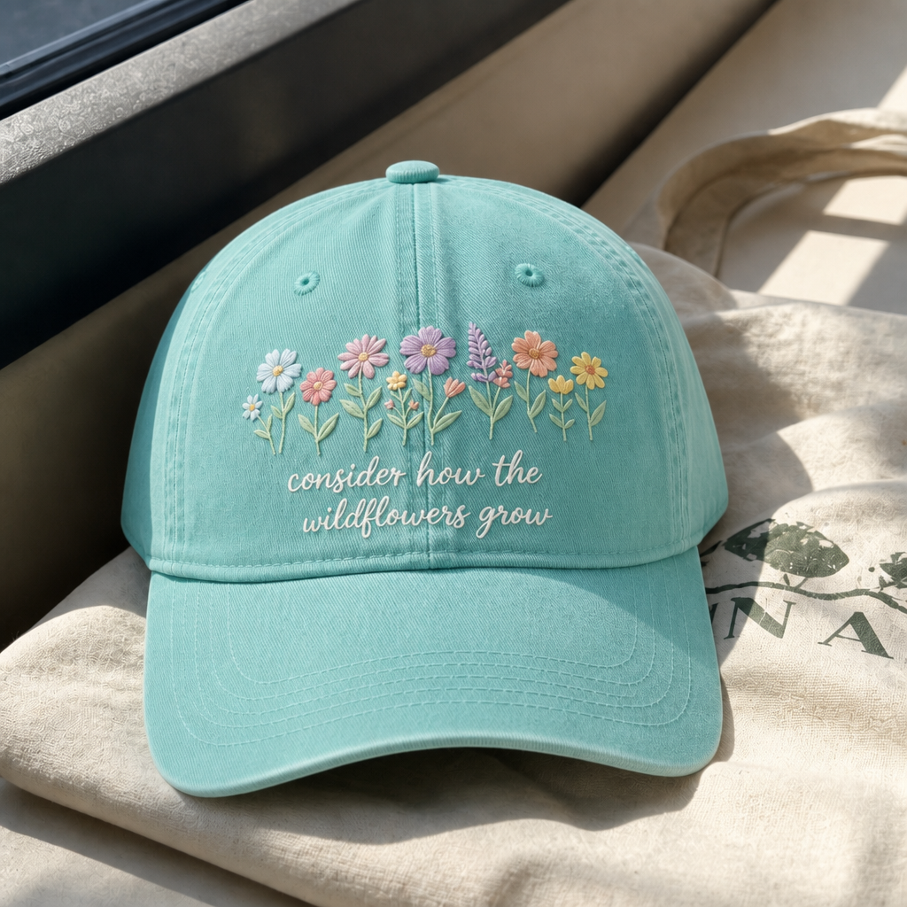 Consider The Wildflowers Hat - Chalky Mint with white embroidery
