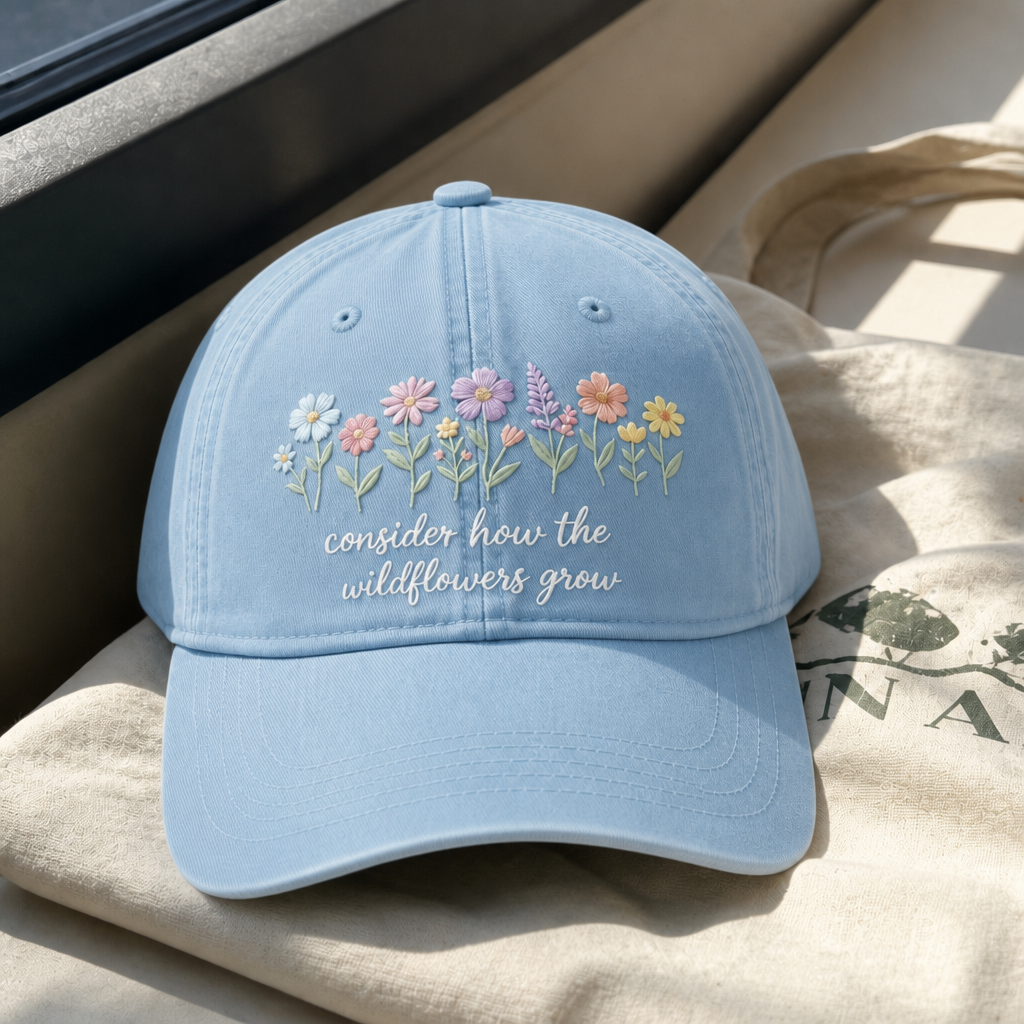 Consider The Wildflowers Hat - Hydrangea with white embroidery