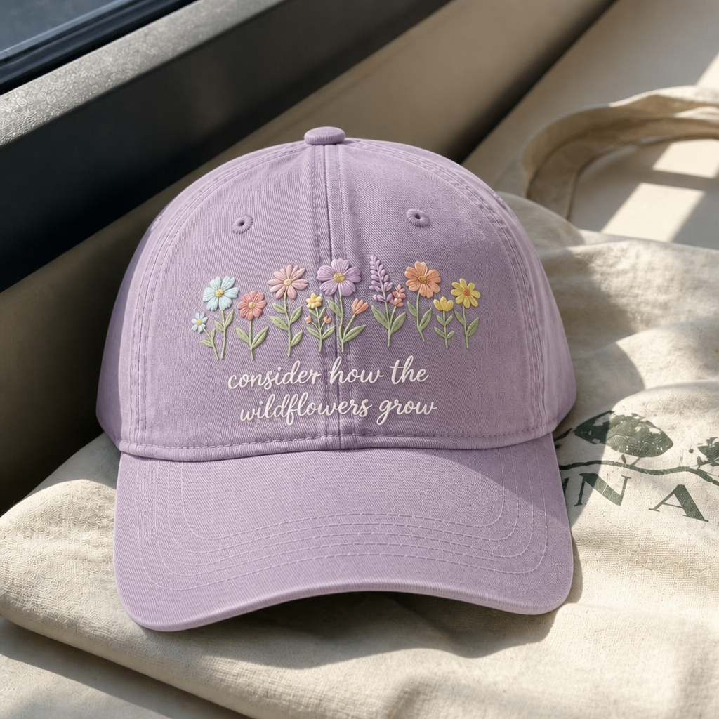 Consider The Wildflowers Hat - Orchid with white embroidery