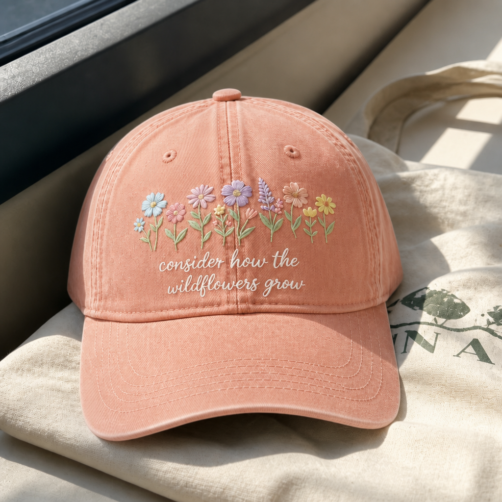 Consider The Wildflowers Hat - Peachy with white embroidery