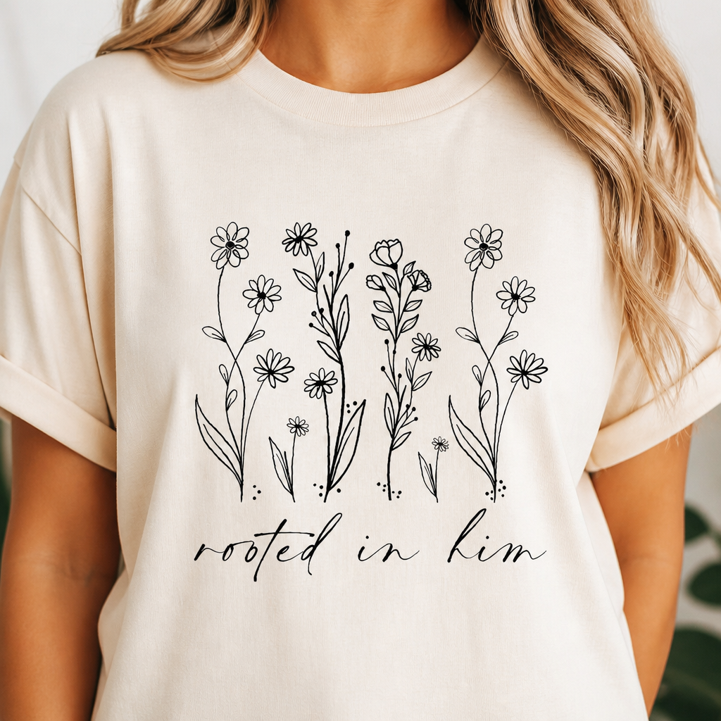 Rooted In Him Tee — close-up detail