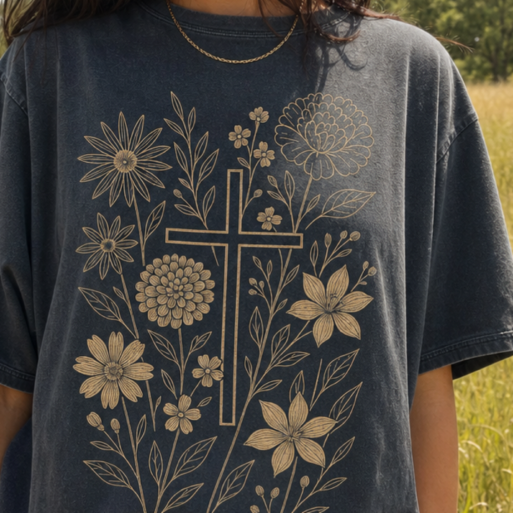 Floral Cross Tee graphic close-up