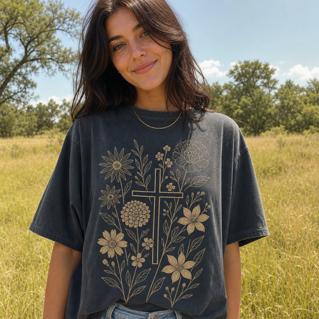 Floral Cross Tee front lifestyle photo