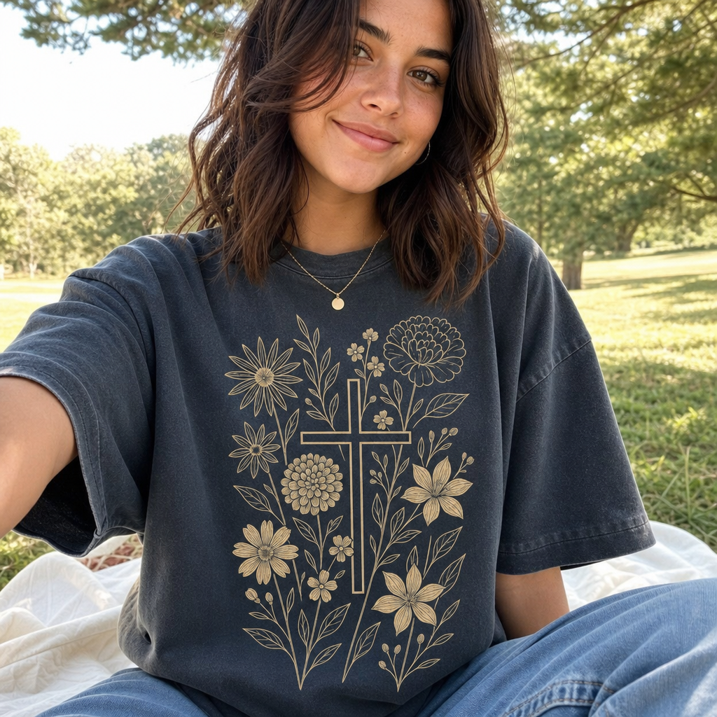 Floral Cross Tee seated lifestyle photo