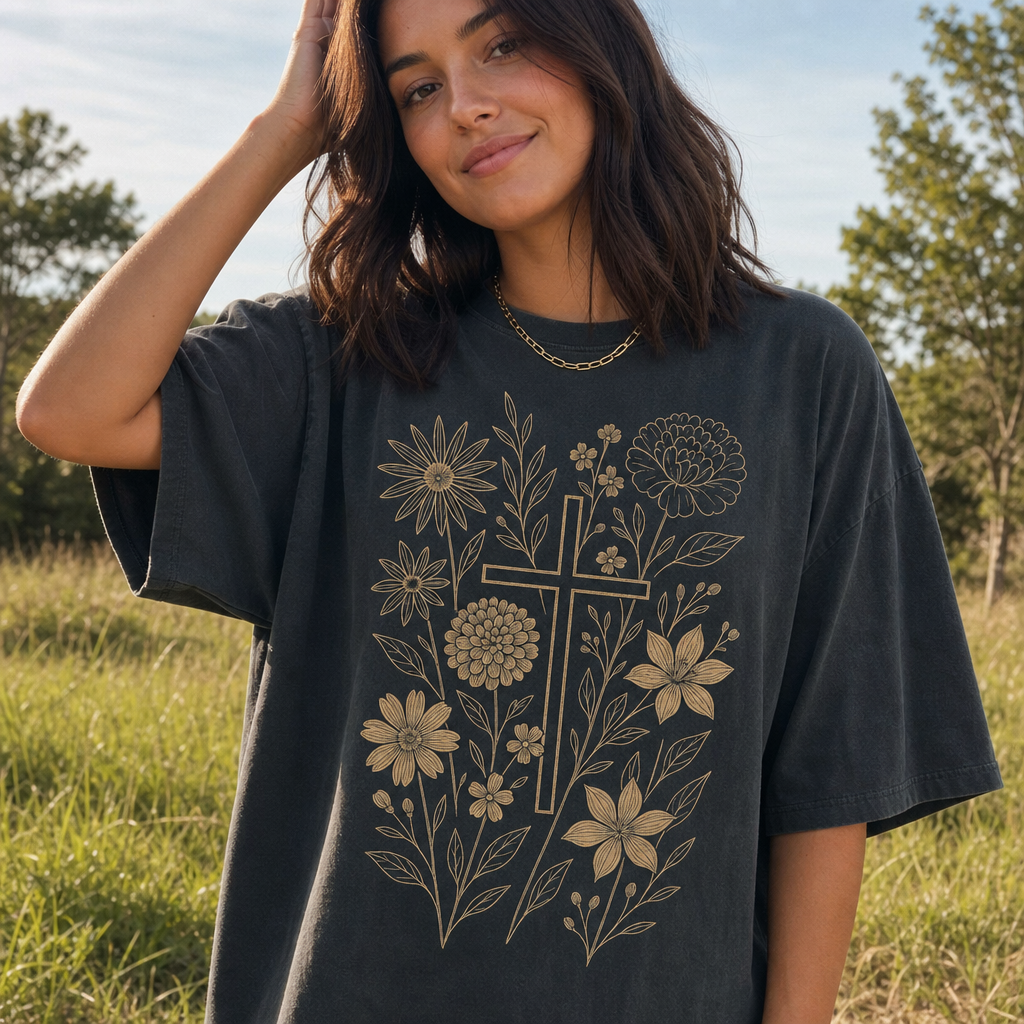 Floral Cross Tee three-quarter lifestyle photo