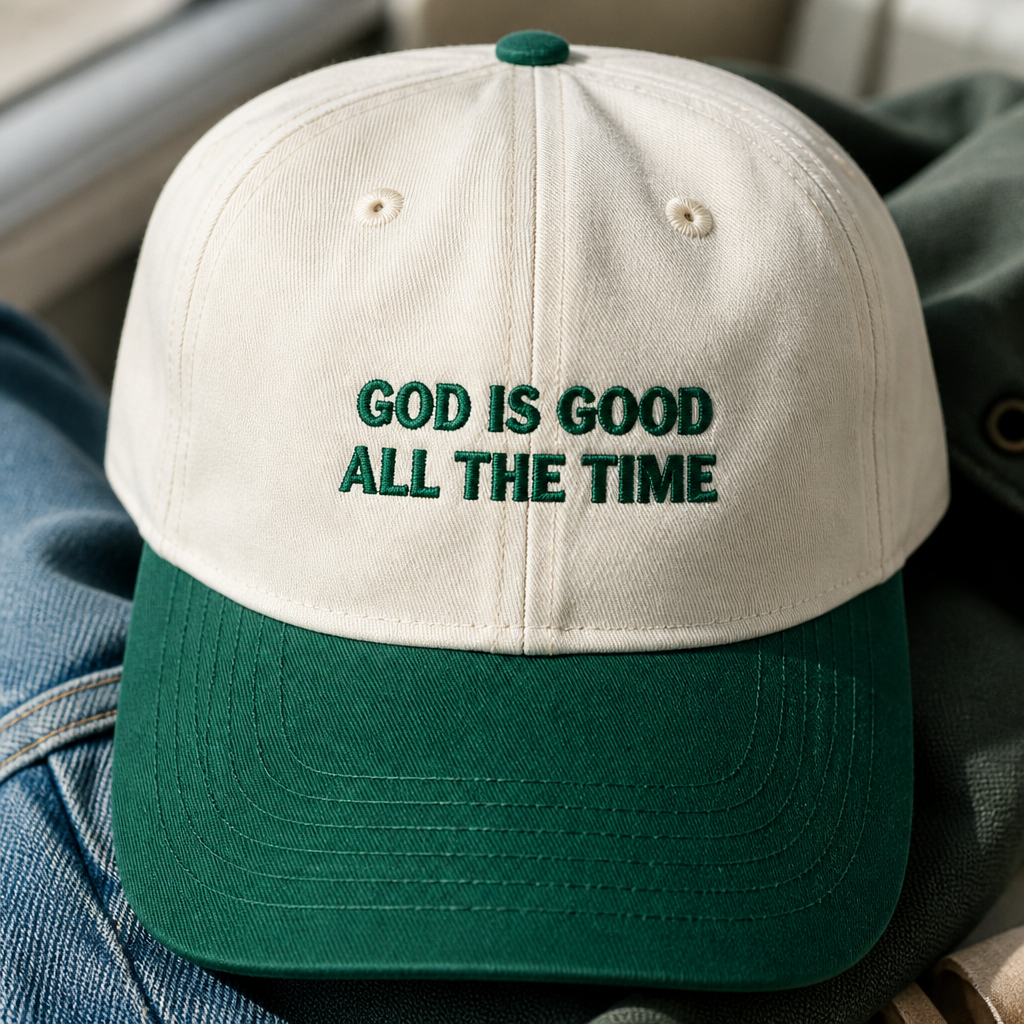 God Is Good All The Time Hat - embroidery close-up