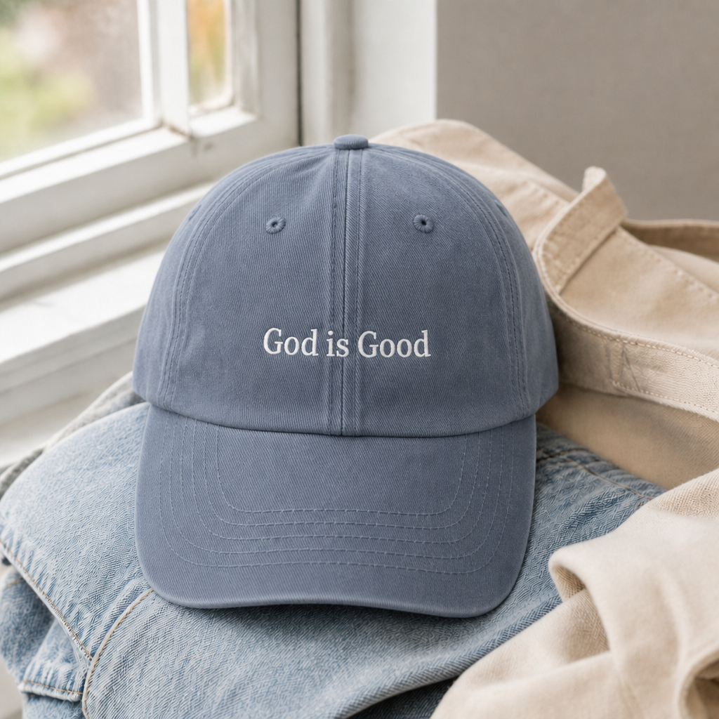 God Is Good Dad Hat - Blue Jean with white embroidery