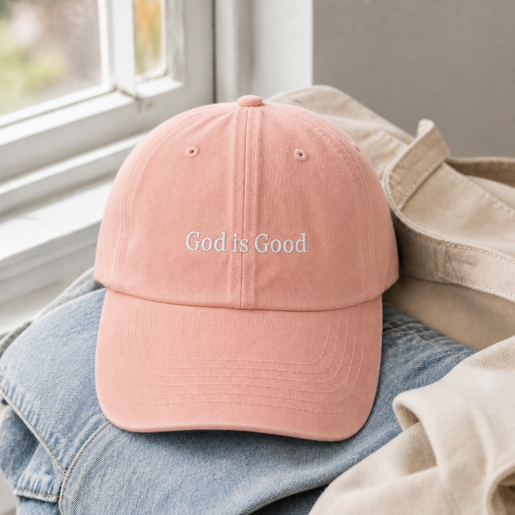 God Is Good Dad Hat - Peachy with white embroidery
