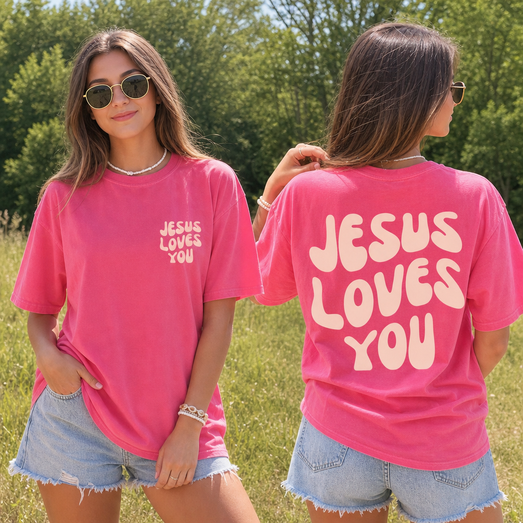 Jesus Loves You tee front and back lifestyle product photo