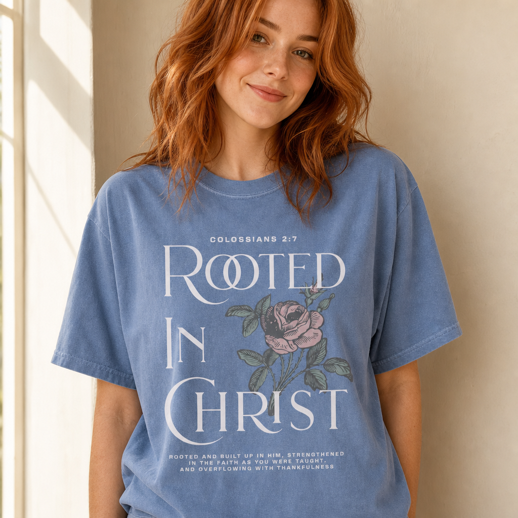 Rooted In Christ Tee front print lifestyle hero photo