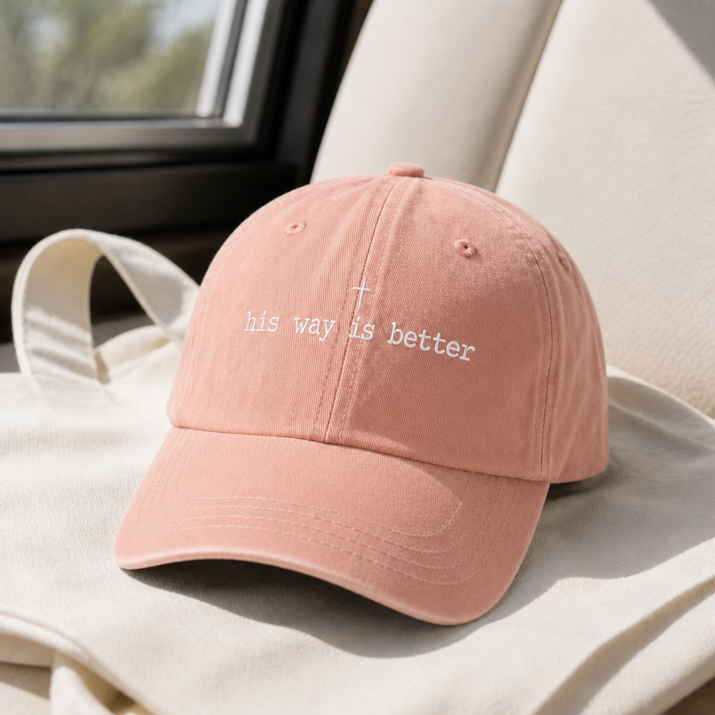 His Way Is Better Hat - Peachy with white embroidery
