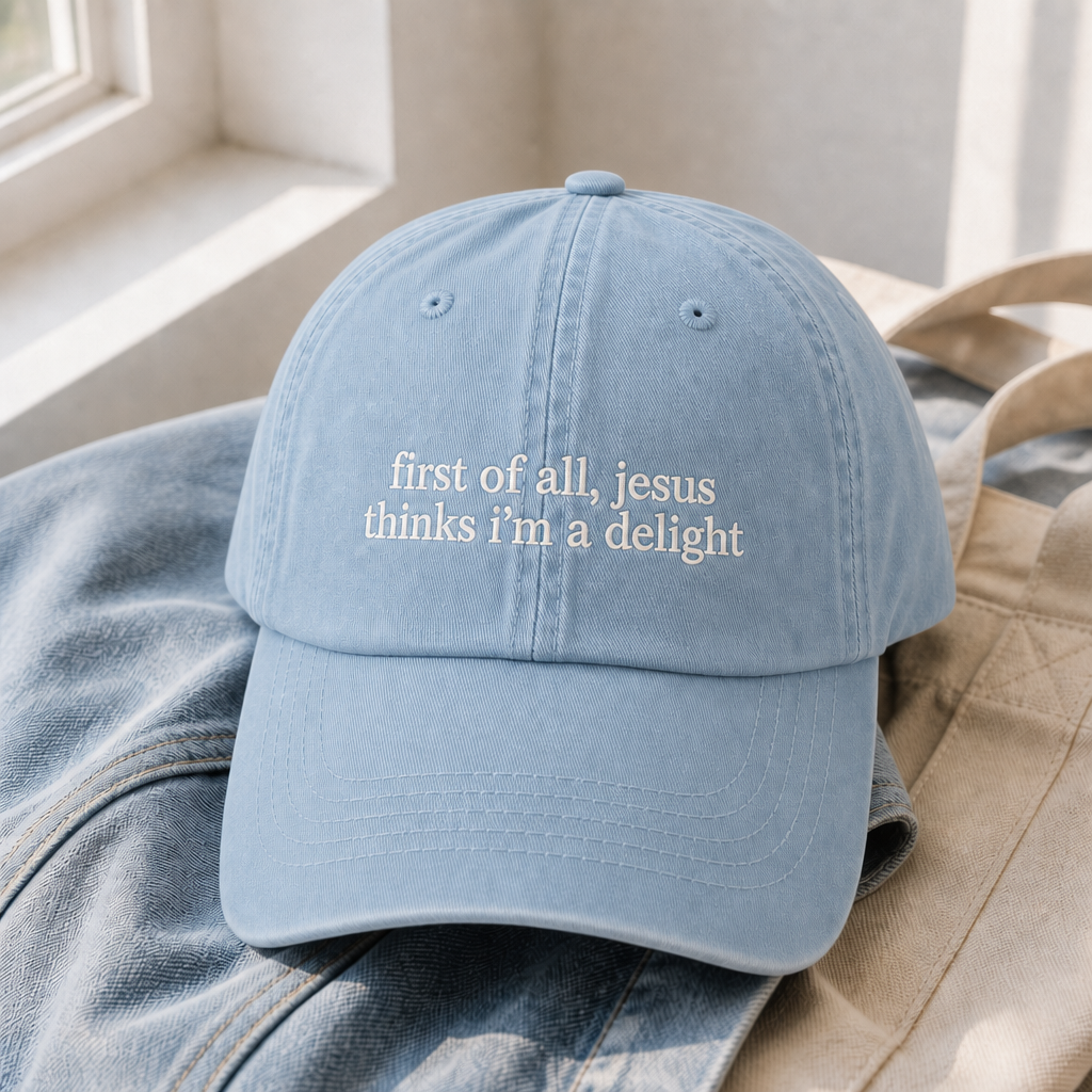 Jesus Thinks I'm A Delight Hat - Hydrangea with white embroidery