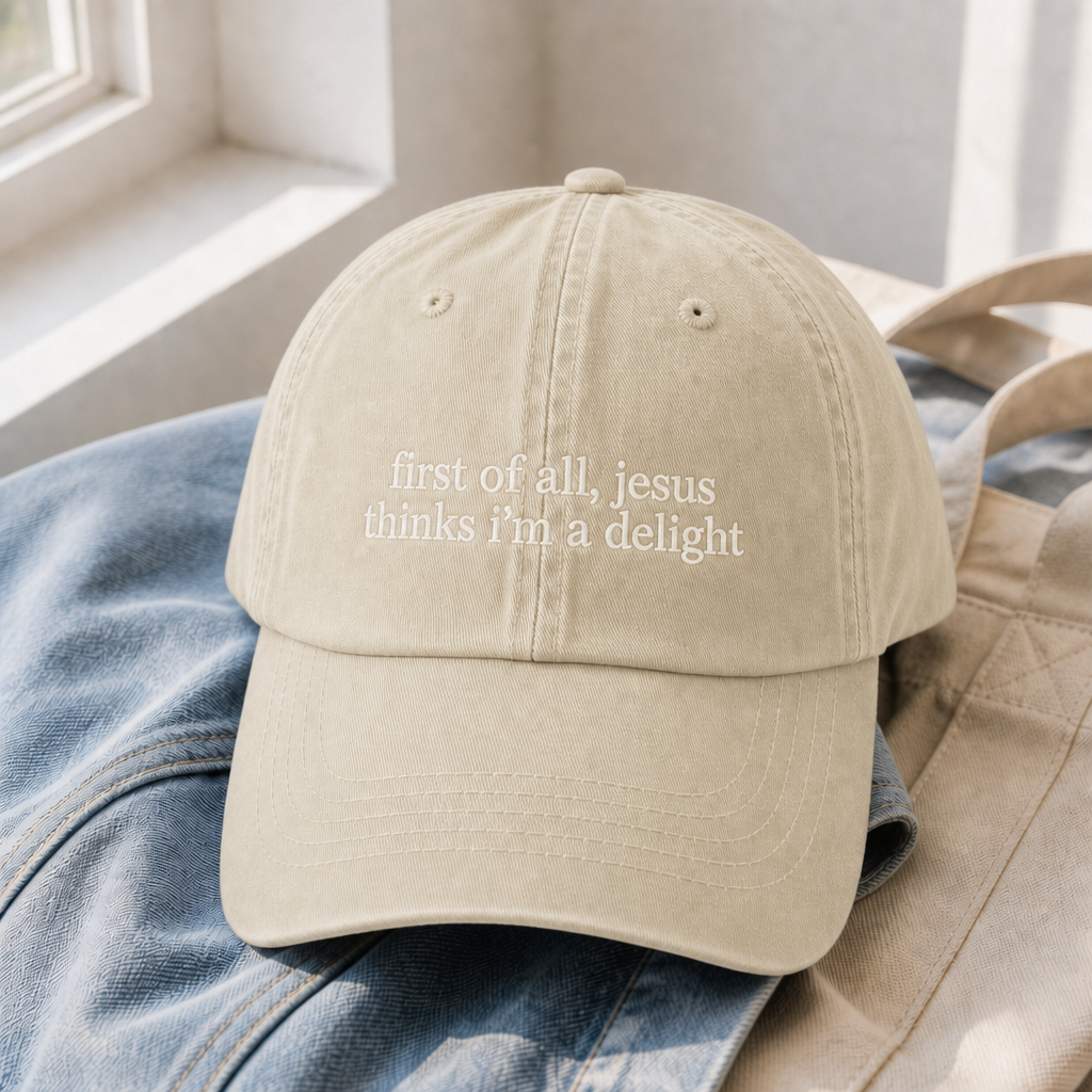 Jesus Thinks I'm A Delight Hat - Ivory with white embroidery