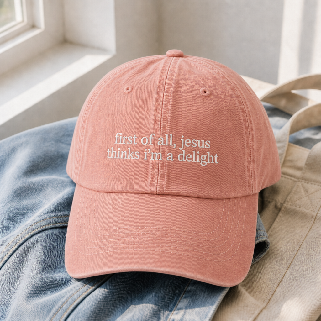 Jesus Thinks I'm A Delight Hat - Peachy with white embroidery