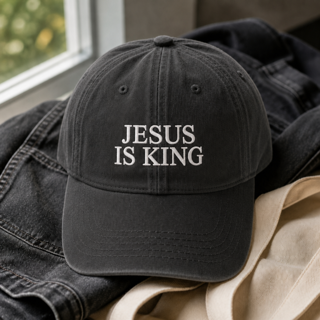 Jesus Is King Dad Hat - Black with white embroidery