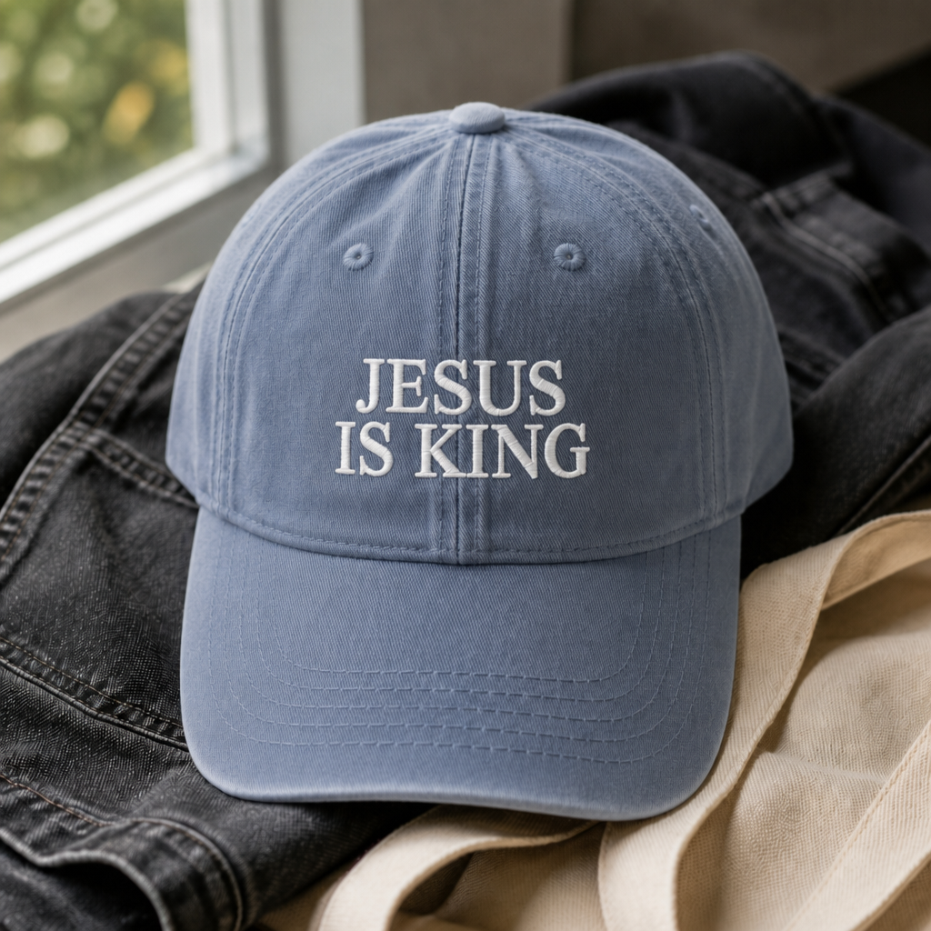Jesus Is King Dad Hat - Blue Jean with white embroidery
