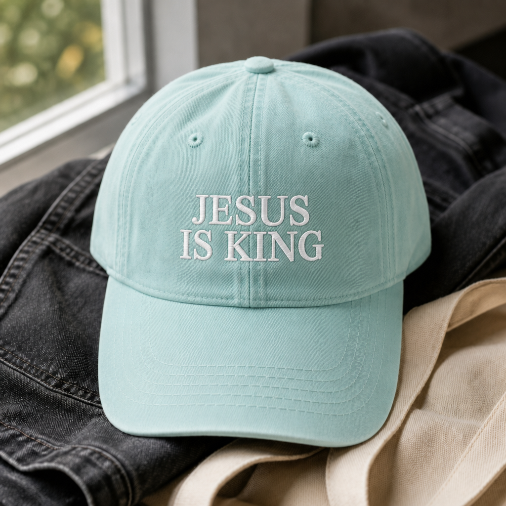 Jesus Is King Dad Hat - Chalky Mint with white embroidery