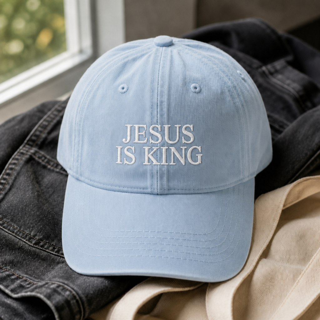 Jesus Is King Dad Hat - Hydrangea with white embroidery