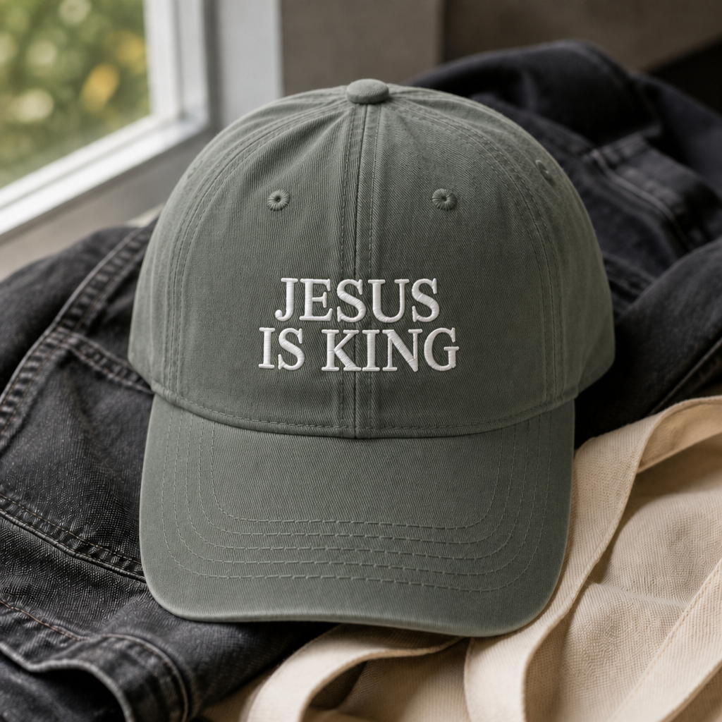 Jesus Is King Dad Hat - Moss with white embroidery