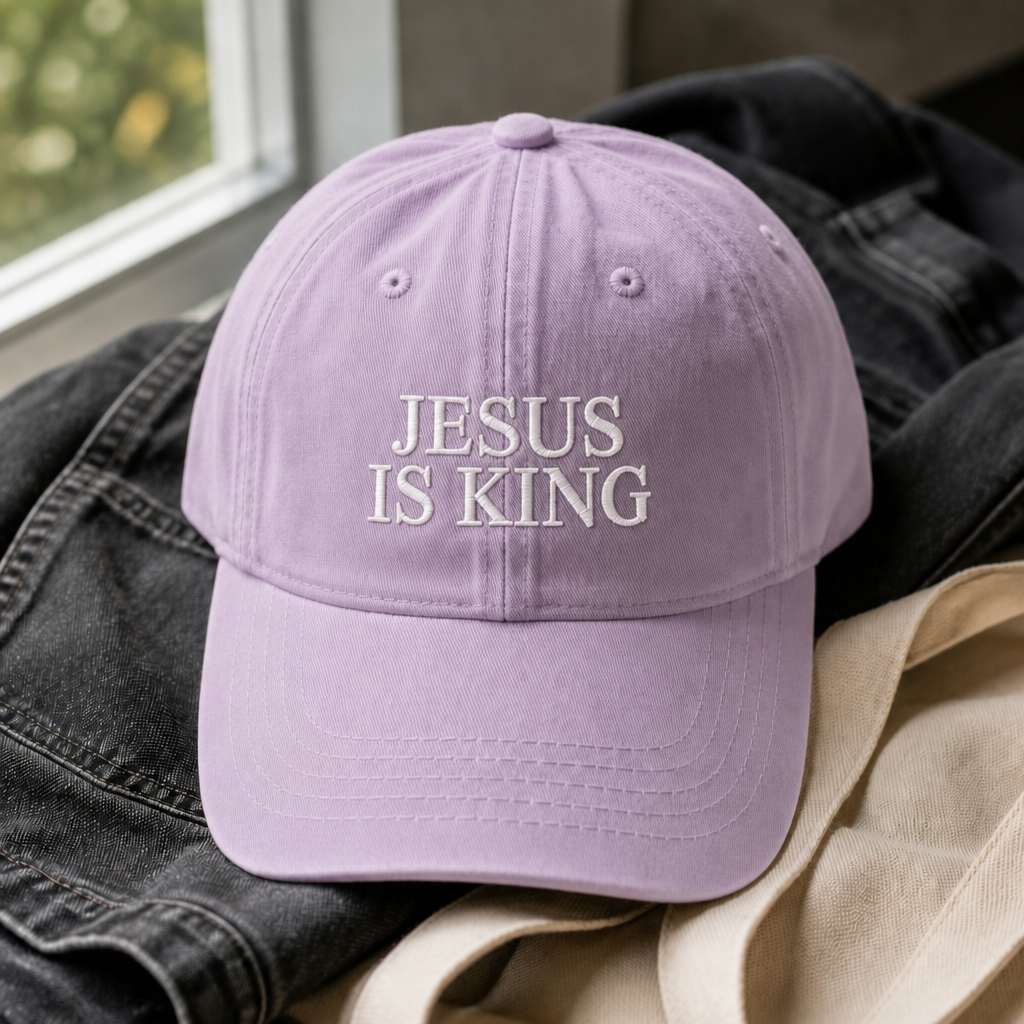 Jesus Is King Dad Hat - Orchid with white embroidery
