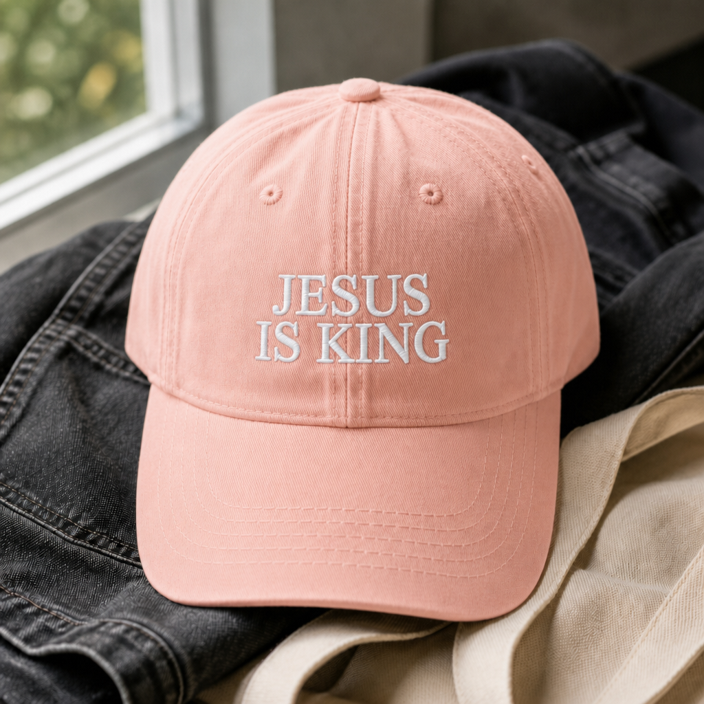 Jesus Is King Dad Hat - Peachy with white embroidery