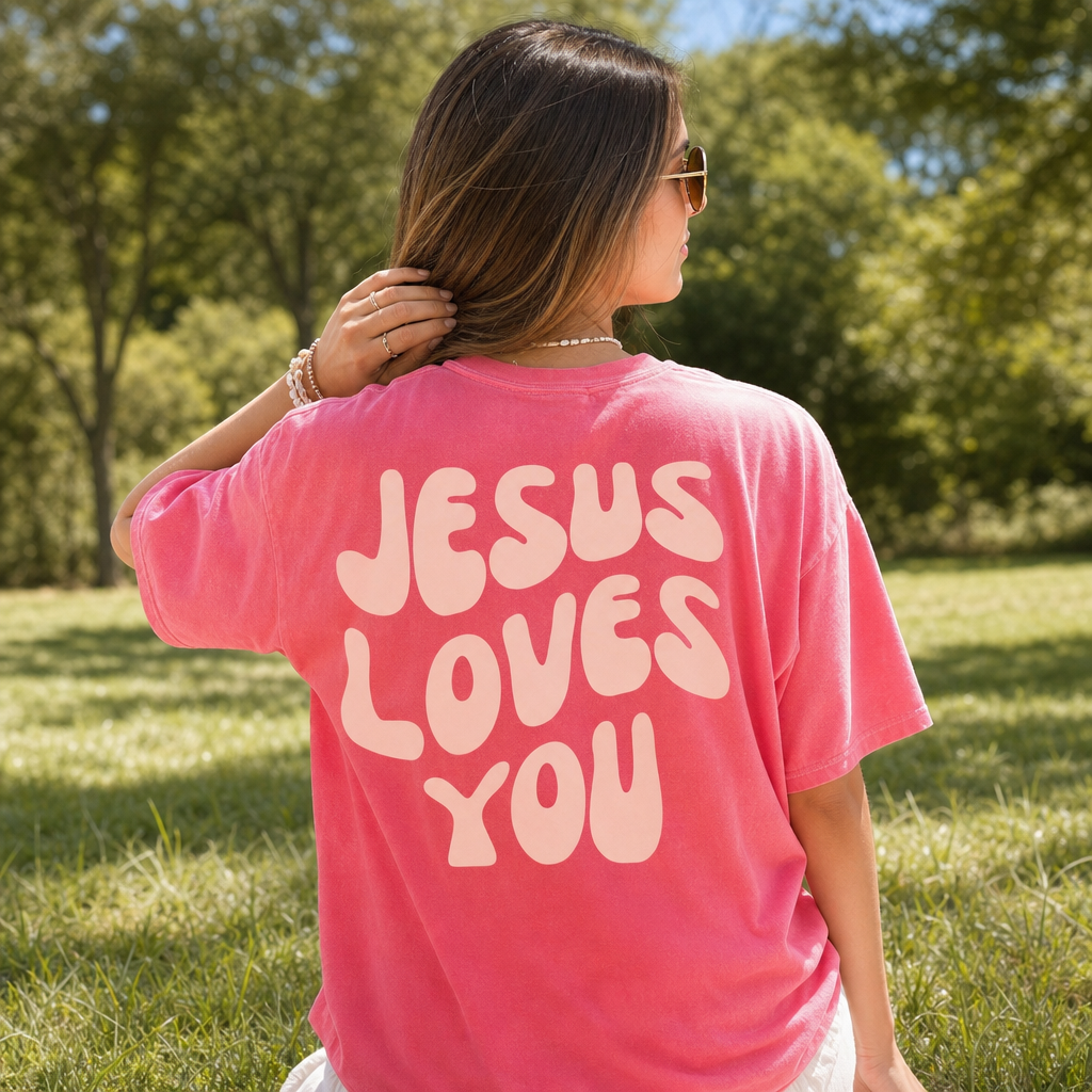 Jesus Loves You tee large back print lifestyle photo