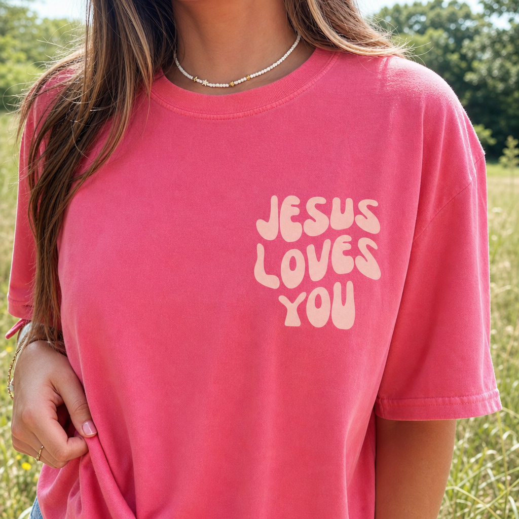 Jesus Loves You tee print close-up