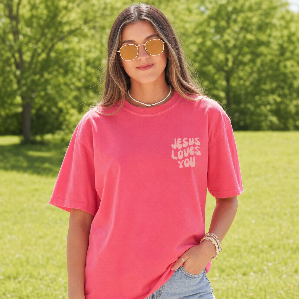 Jesus Loves You tee front left chest print lifestyle photo