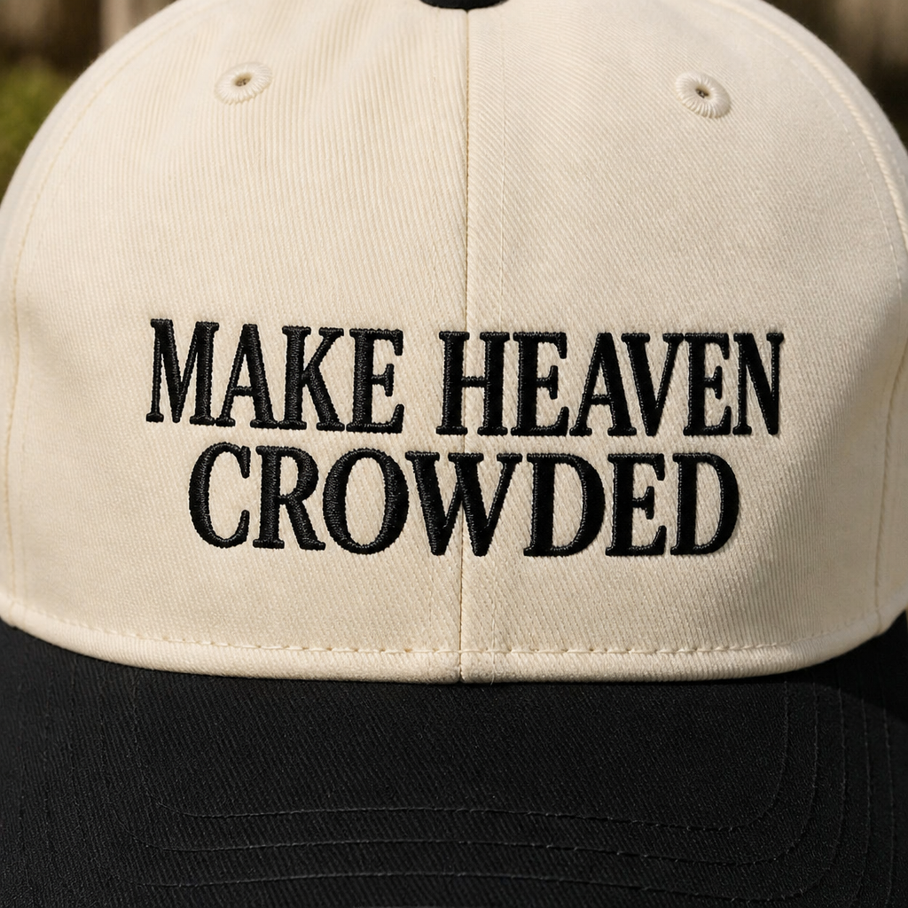 Make Heaven Crowded Two-Tone Trucker Hat - embroidery close-up