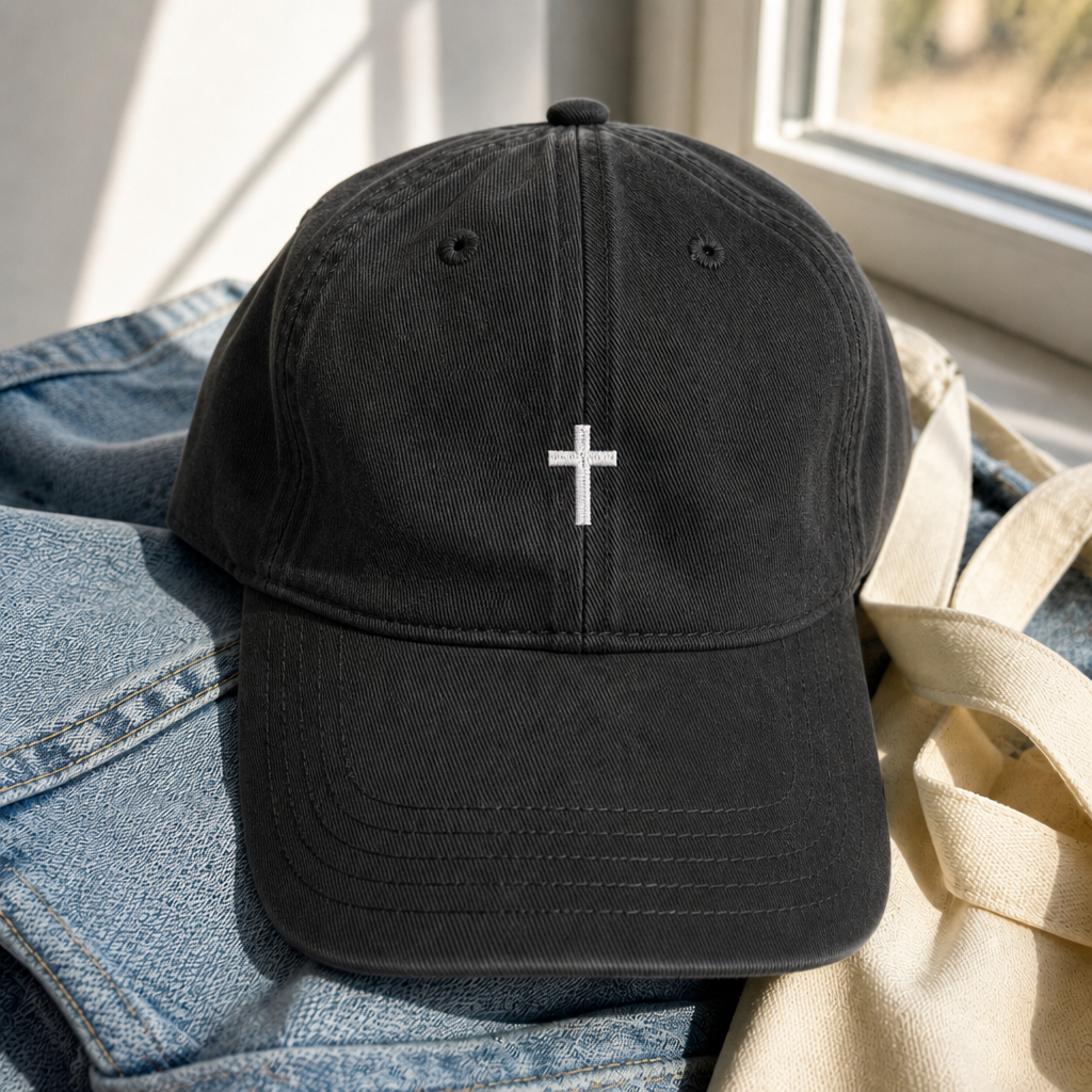 Mini Cross Baseball Cap - Black with white embroidery