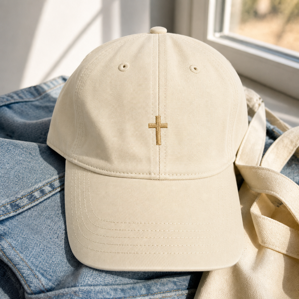Mini Cross Baseball Cap - Ivory with gold embroidery