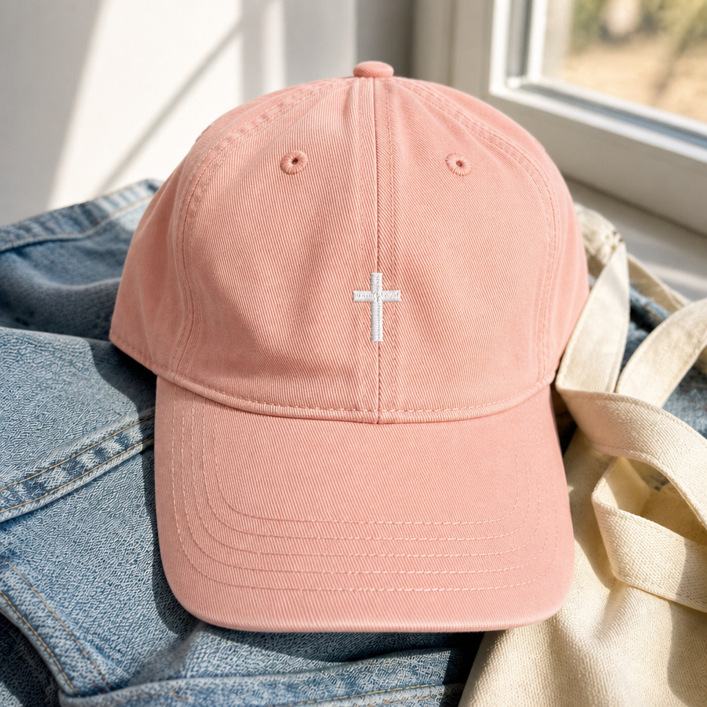 Mini Cross Baseball Cap - Peachy with white embroidery