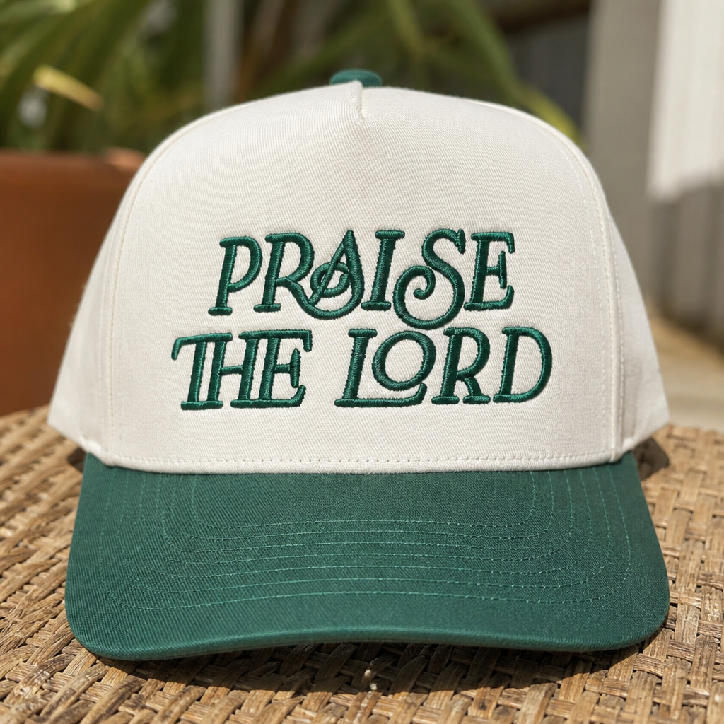 Praise The Lord Trucker Hat - embroidery close-up