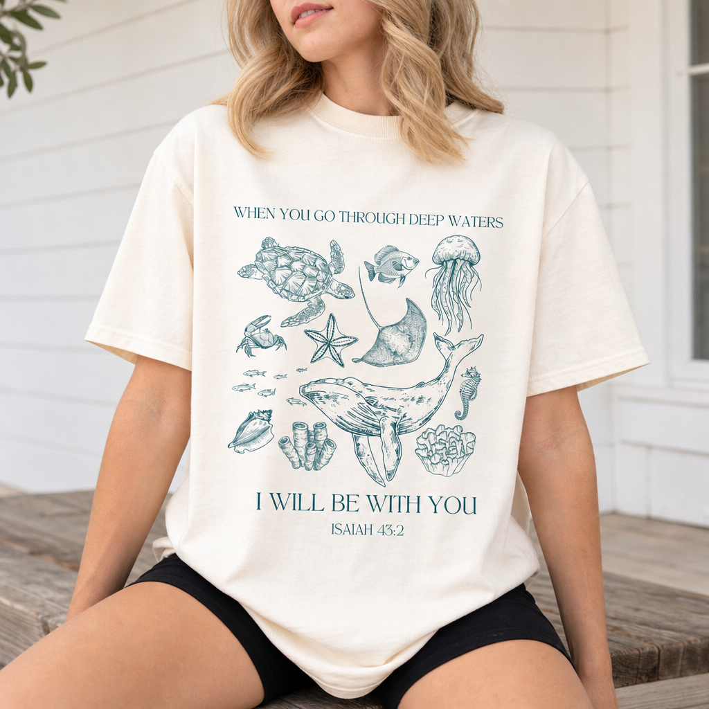 Deep Waters Tee seated front lifestyle photo