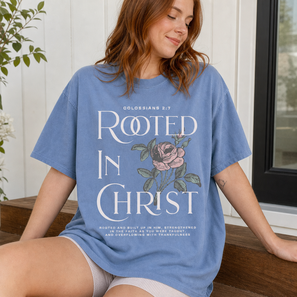 Rooted In Christ Tee seated front lifestyle photo