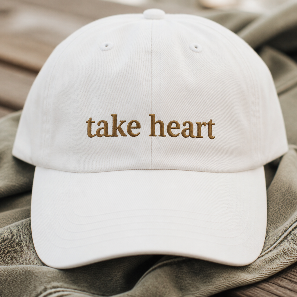 Take Heart Hat - embroidery close-up