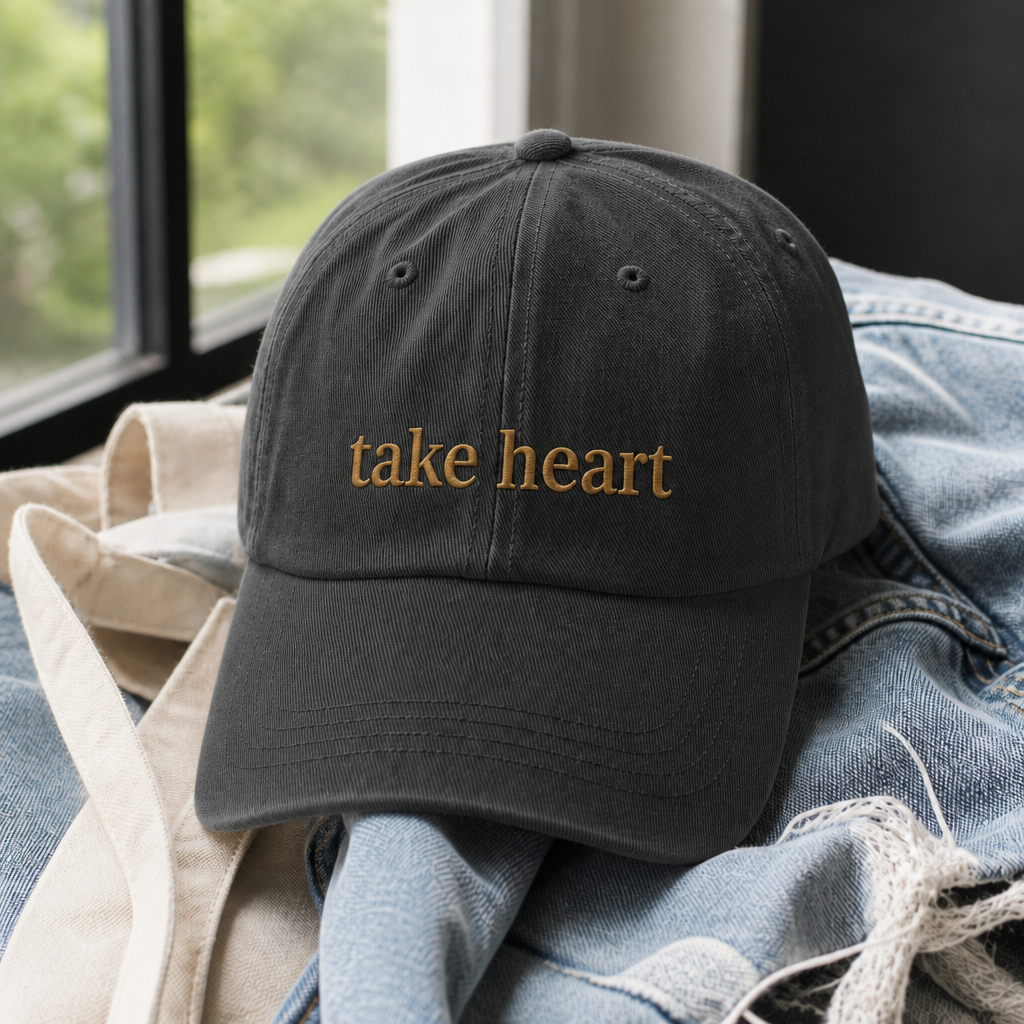 Take Heart Hat - Black with tan embroidery