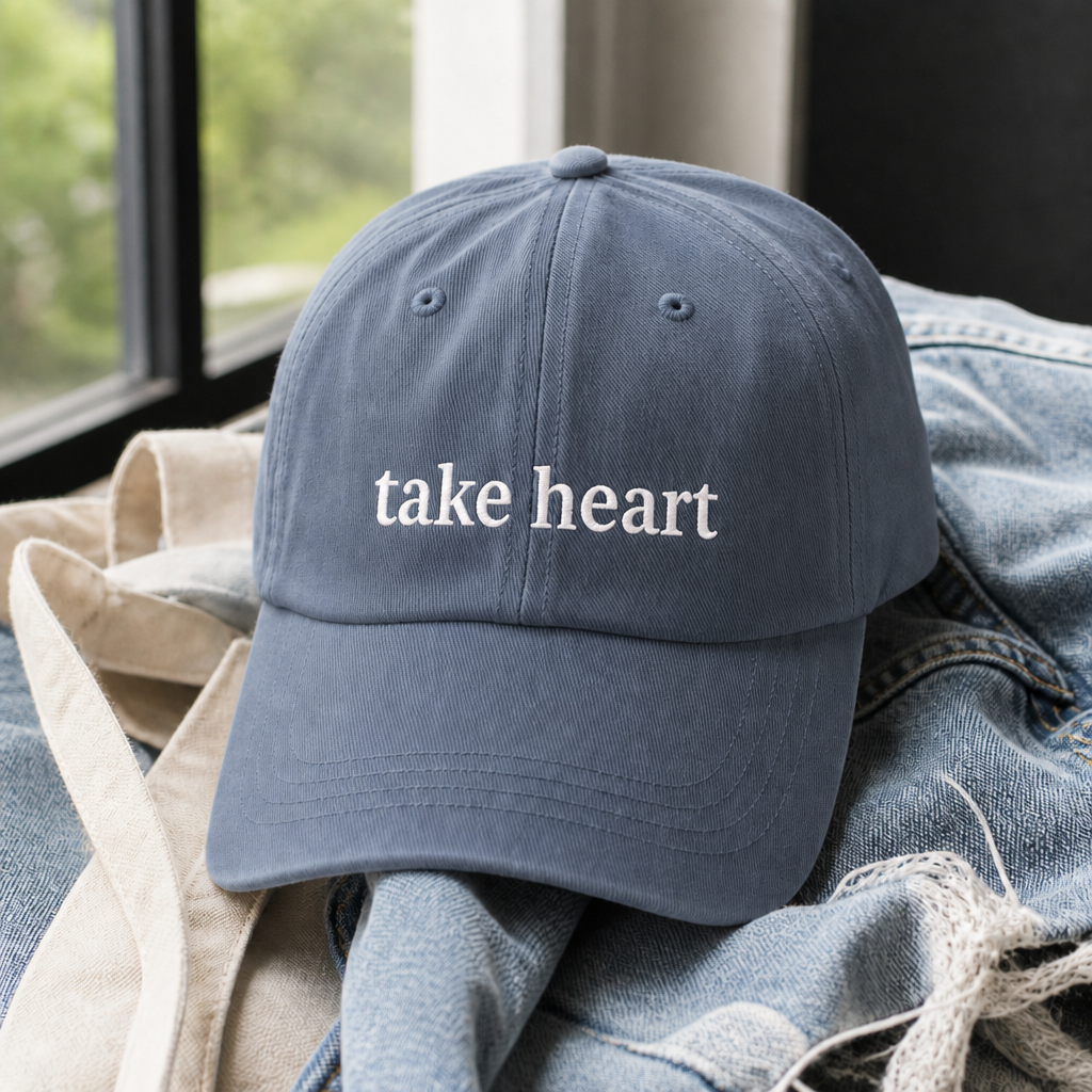 Take Heart Hat - Blue Jean with white embroidery