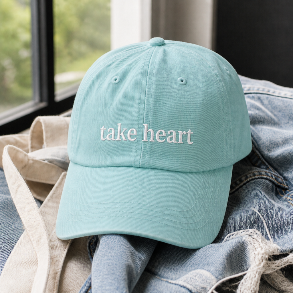 Take Heart Hat - Chalky Mint with white embroidery