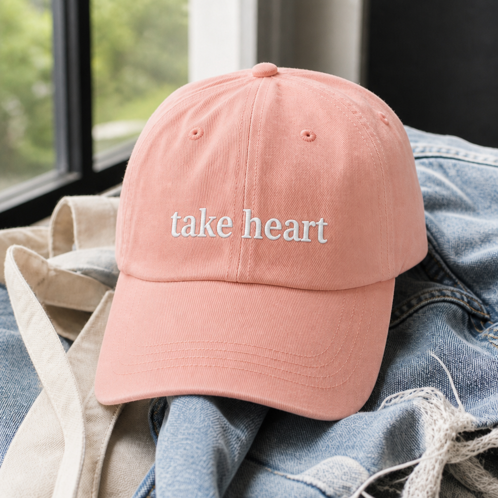 Take Heart Hat - Peachy with white embroidery