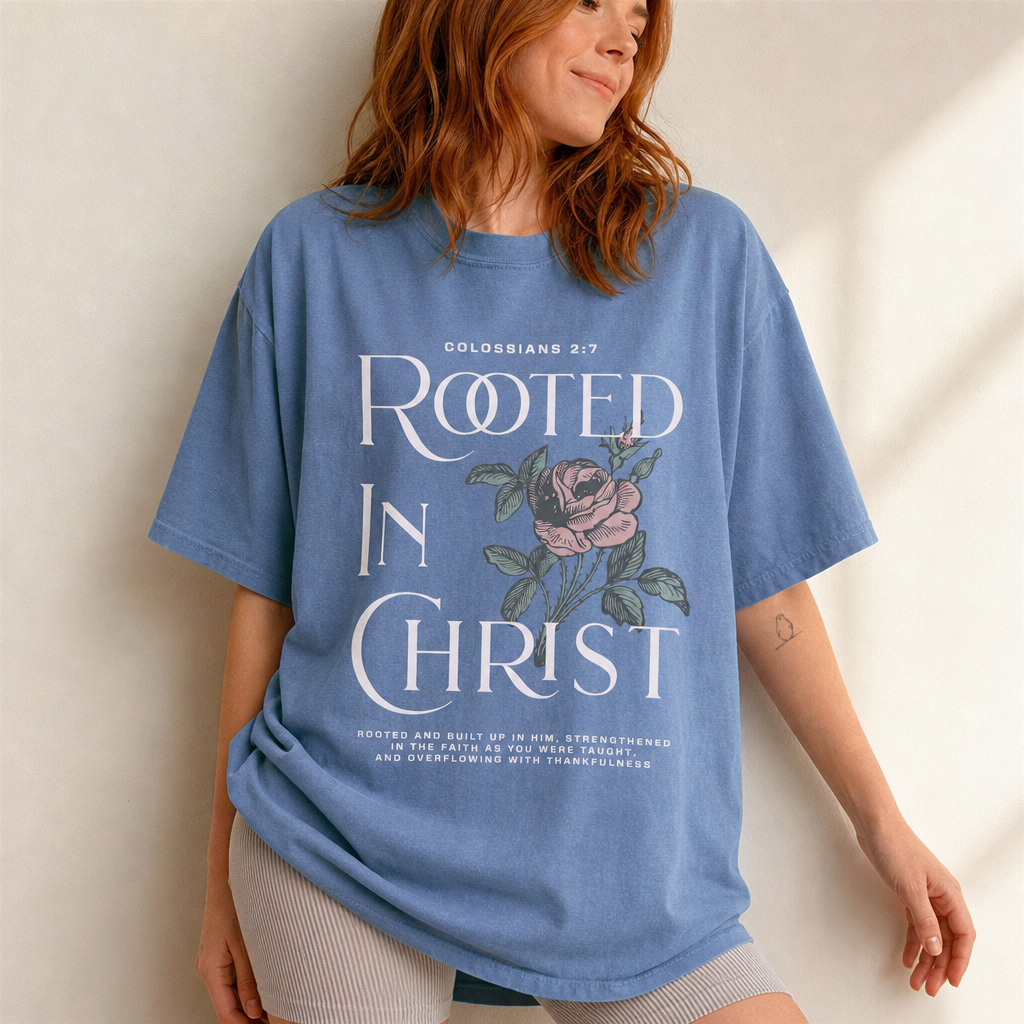 Rooted In Christ Tee three-quarter front lifestyle photo